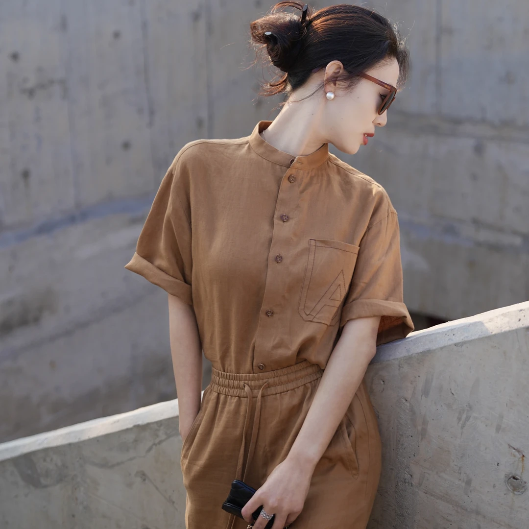 AMASS/阿玛施夏季新款复古休闲时尚宽松亚麻半袖衬衫女530060