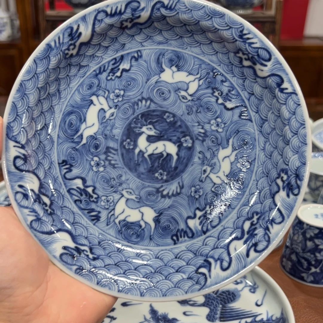 手绘青花一路繁花壶承17cm