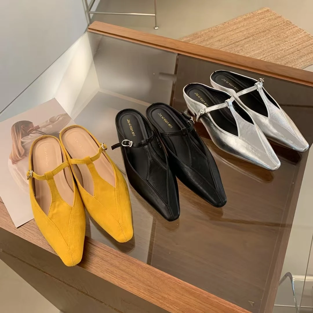 法式气质小方头包头半拖鞋2025春夏新款百搭高级感复古软底单鞋女