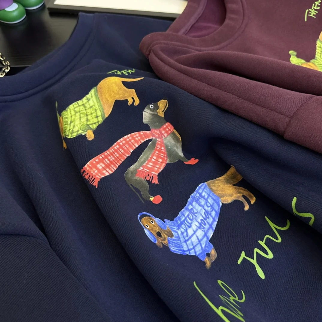 韩版卡通小狗印花加绒秋冬宽松圆领长袖加厚卫衣女款