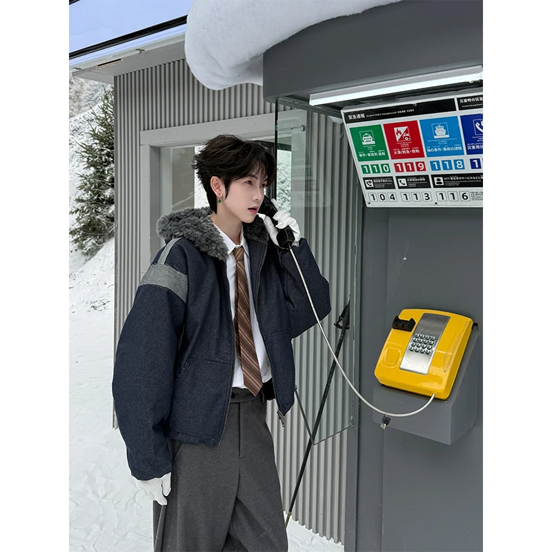 秋冬美式复古牛仔连帽拼接保暖棉服夹克宽松加厚棉衣外套
