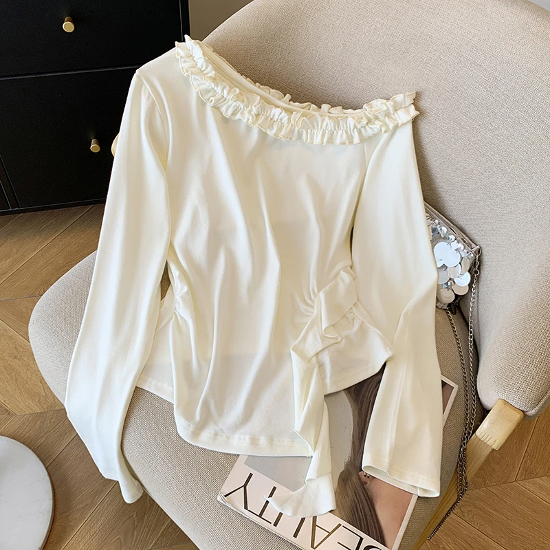 法式花边拼接斜肩长袖t恤女早秋设计感不规则修身打底衫飘带上衣