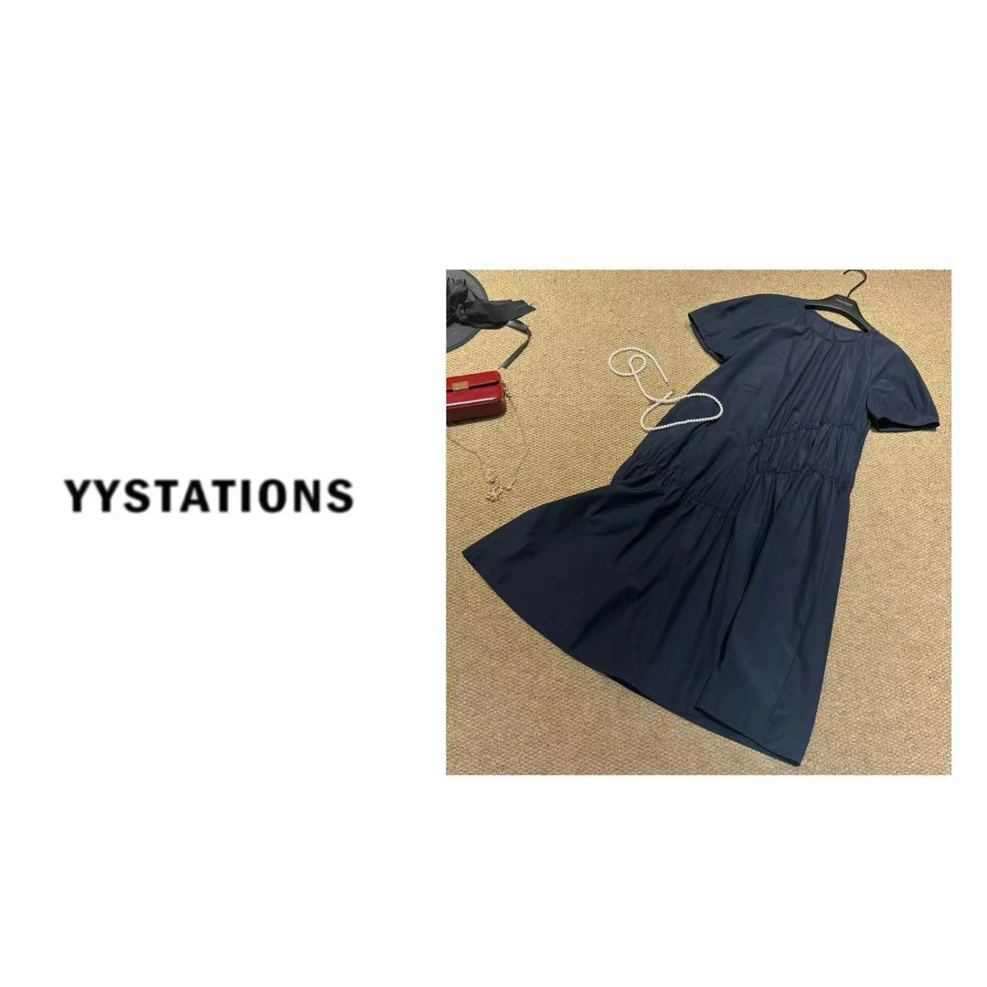 YYSTATIONS【线条感！】 韩版百搭圆领泡泡袖短袖中长款连衣裙-19356