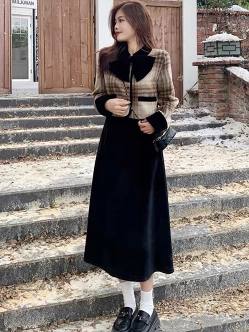 胖mm显瘦套装裙加厚夹棉格子毛呢外套加绒半身裙两件套秋冬装搭配