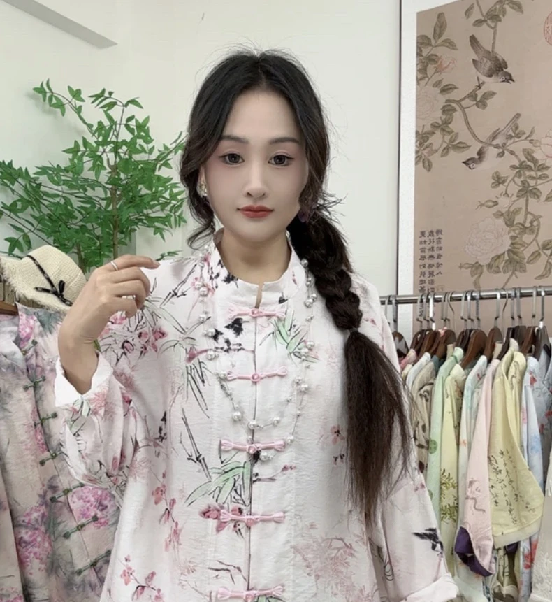 320 五颗扣子中式女装上衣衬衣复古夏季印花花香长袖五颗扣