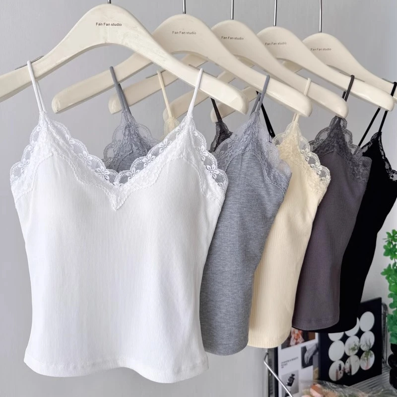 螺纹美背吊带背心带胸垫春夏V领蕾丝边一体固定杯内衣显瘦内搭女