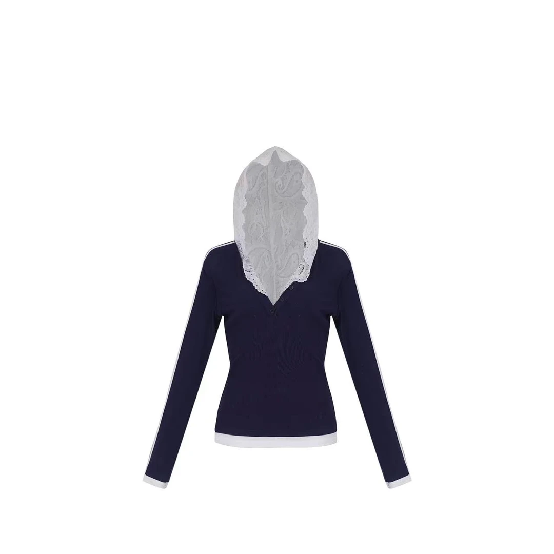 早春蕾丝时尚连帽设计感百搭女款打底t恤 2502CXZSCP30007