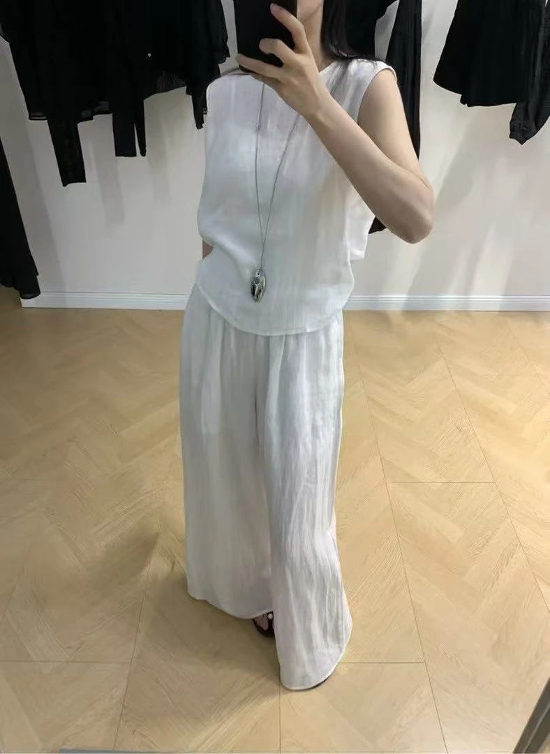 【无袖套装】麻料后背小设计长裤套装