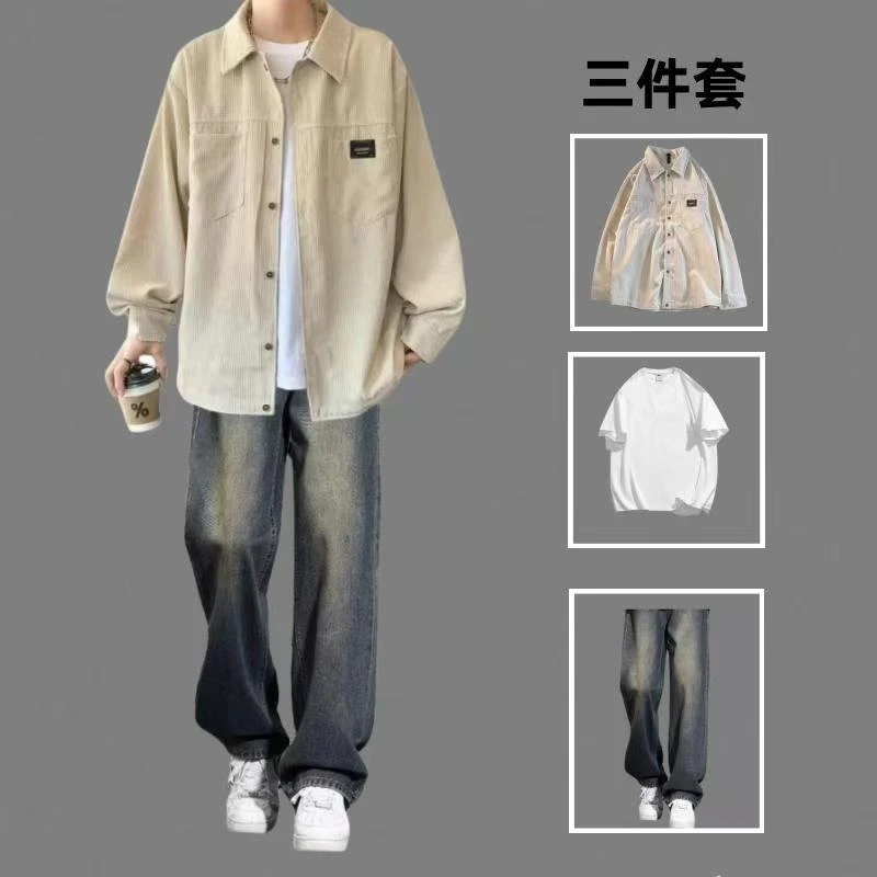衬衫夏季套装男装宽松外套长袖衬衣搭配牛仔裤潮流风格百搭穿搭
