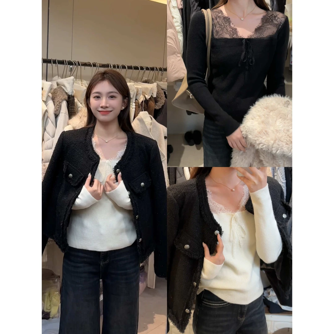 D17#“心动crush”蕾丝镂空蝴蝶结精致修身长袖打底衫