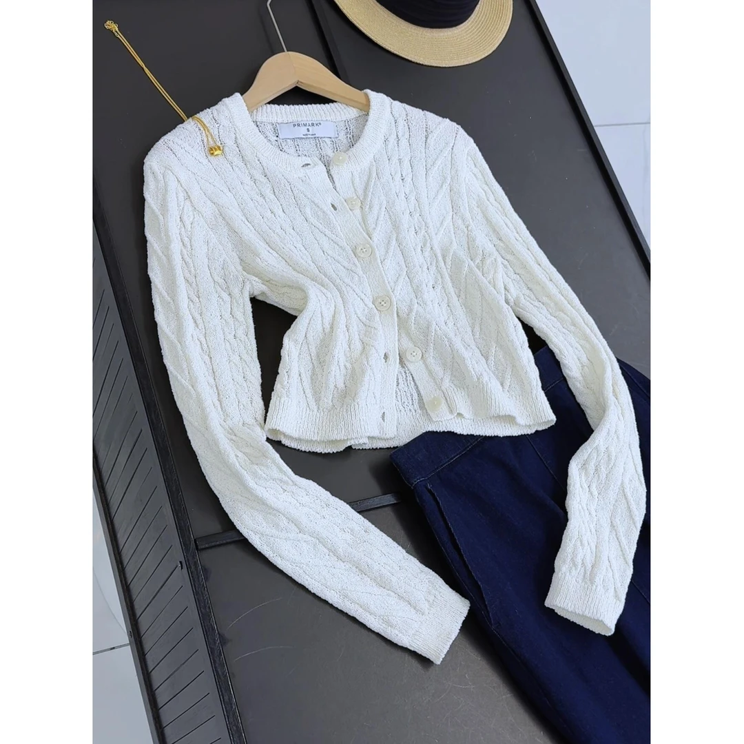 新款女装单排扣时尚百搭圆领长袖针织开衫外套