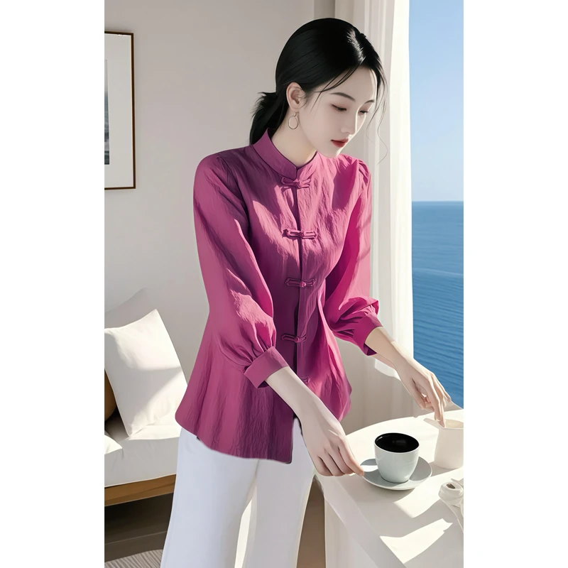 新中式国风上衣2025春装新款高级感好看独特漂亮姜玫红色亚麻衬衫