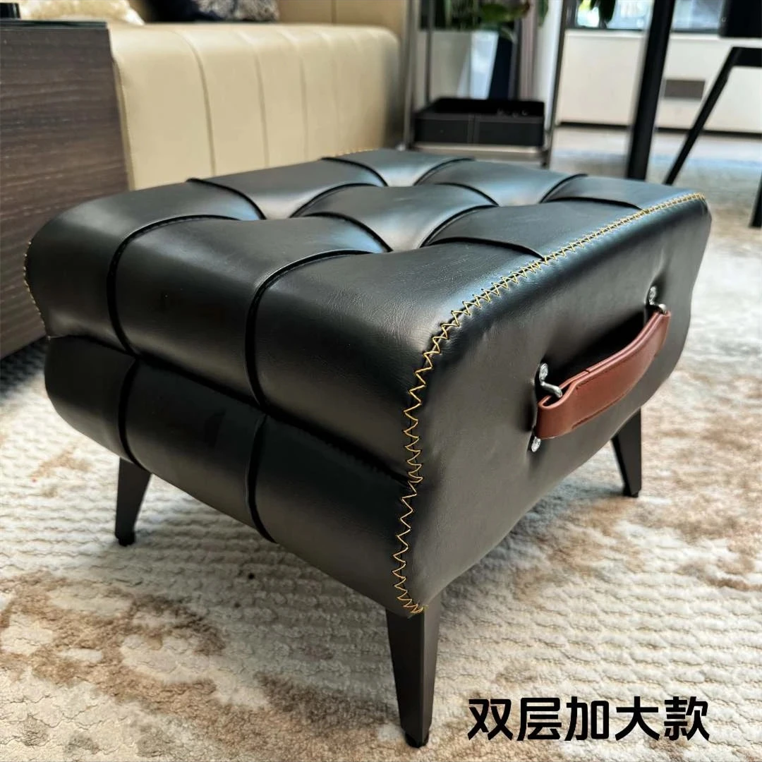 油蜡皮换鞋凳  沙发脚踏玄关凳  轻奢风方形沙发小皮凳31*43*33cm