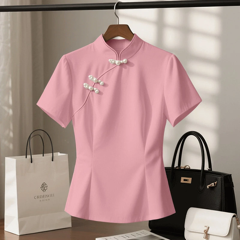 夏季2025爆款新中式轻国风收腰显瘦旗袍上衣轻奢高级感短袖T恤女