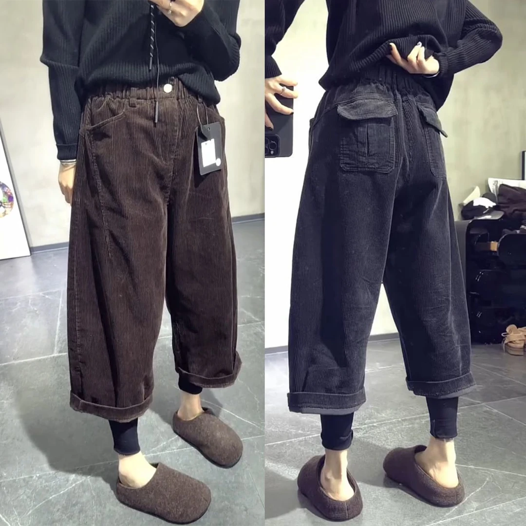 2025秋冬季新款高腰条绒奶奶裤大码时尚百搭九分阔腿休闲哈伦裤女