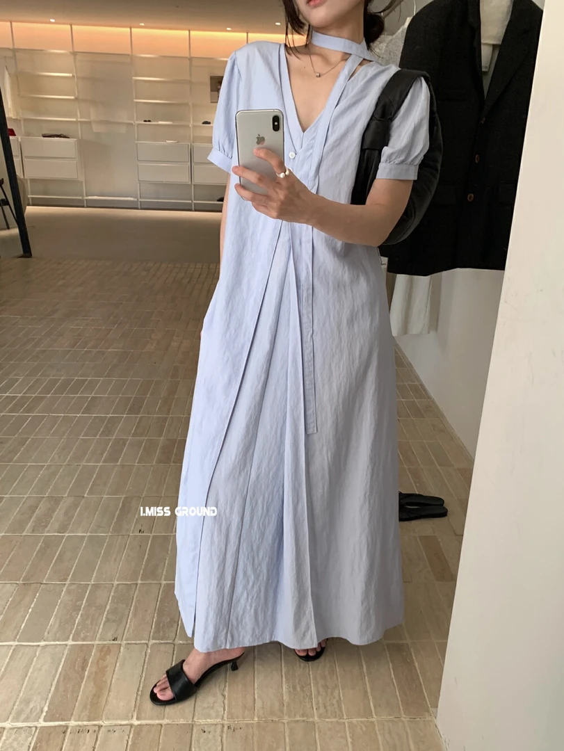 imiss@60771 法式气质初恋V领系带收腰泡泡袖连衣裙（裙长125）7-5