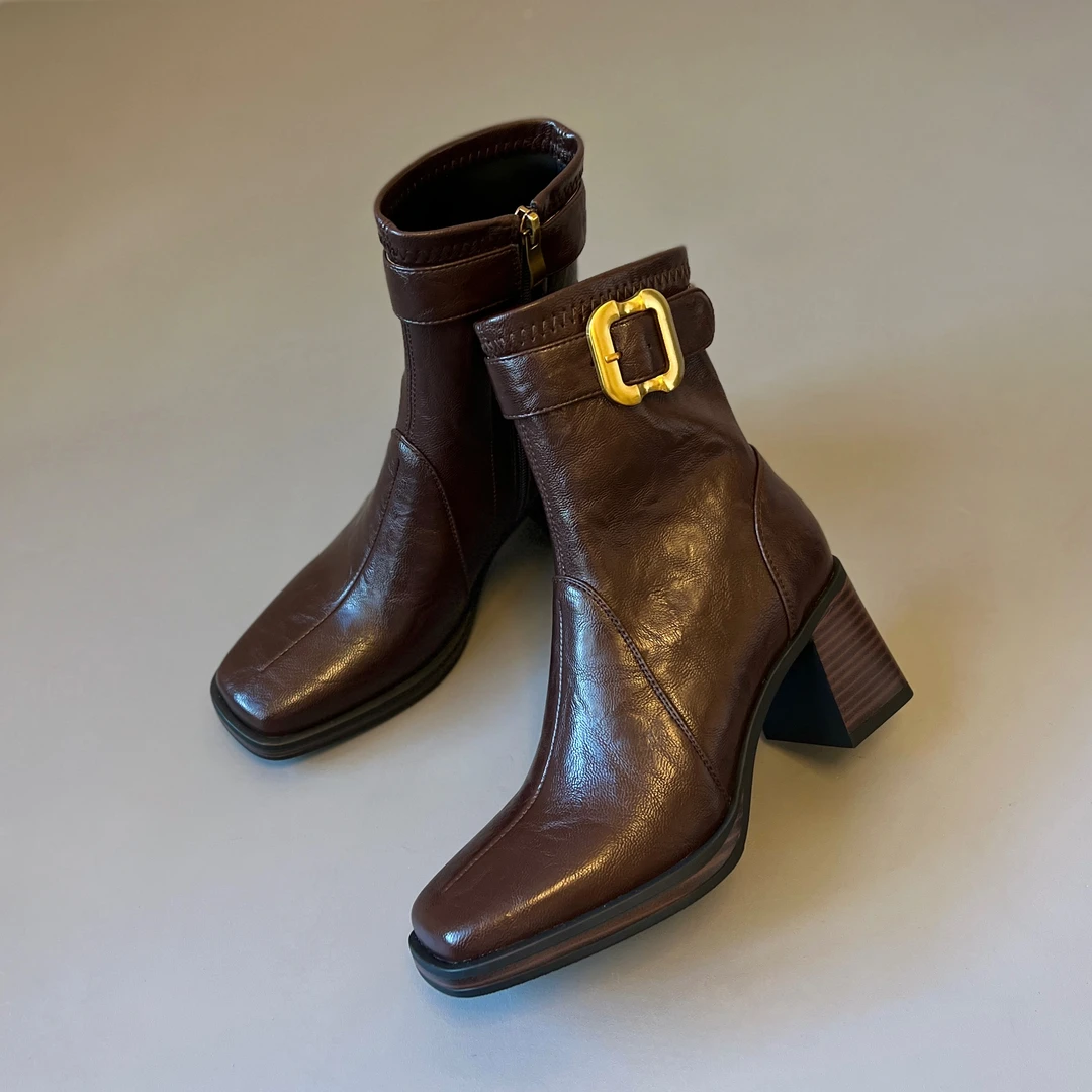 羊皮版~静音底方头高跟短靴女秋冬粗跟瘦瘦靴百搭显瘦新款马丁靴