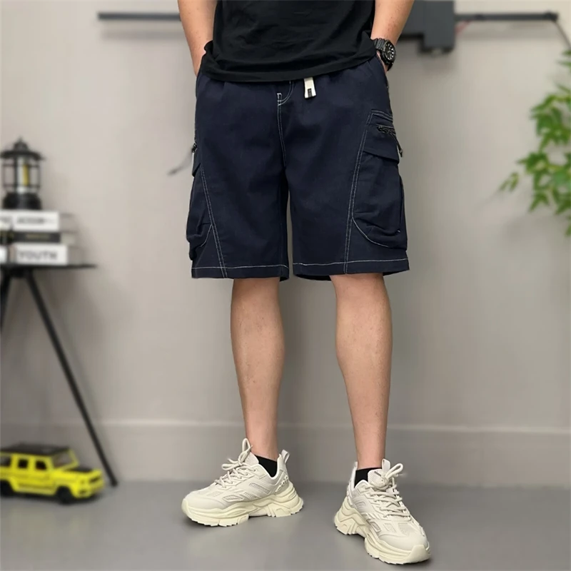 夏季新款弹力中裤男士百搭工装五分短裤休闲宽松松紧腰大口袋马裤