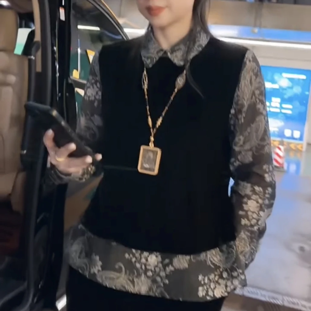 时尚拼撞假两件丝绒衬衫高级感宽松气质打底衫蕾丝衬衣网红上衣女