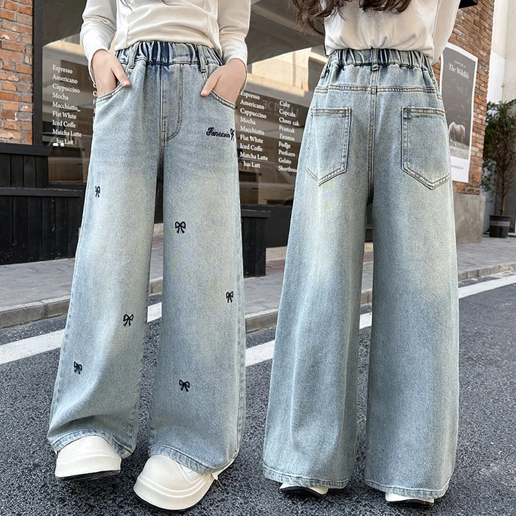 女童牛仔裤春秋新款刺绣洋气百搭休闲韩版直筒中大童宽松阔腿裤