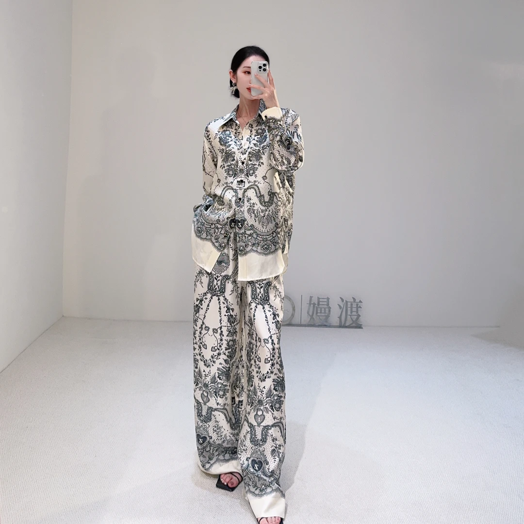 嫚渡轻奢高定 复古印花蕾丝花色松紧腰休闲直筒裤 春夏女款休闲裤