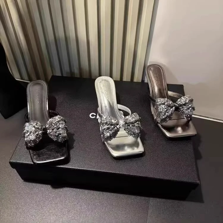 2025年蝴蝶结夏季新款小众设计高级时尚百搭舒适高跟爆款凉拖-5CM