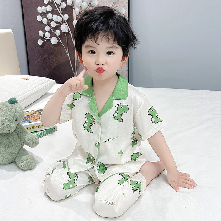 透气夏季短袖儿童睡衣冰丝男童恐龙仿丝绸男孩薄款夏天家居服套装