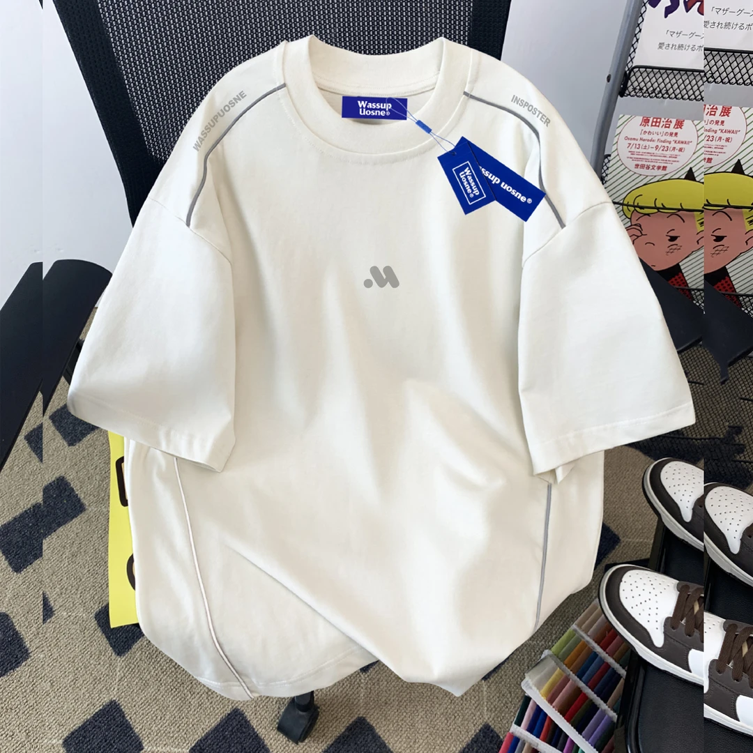 宽松衣服美式刺绣重磅纯棉短袖t恤新款夏季拉亮条情侣装上衣白色
