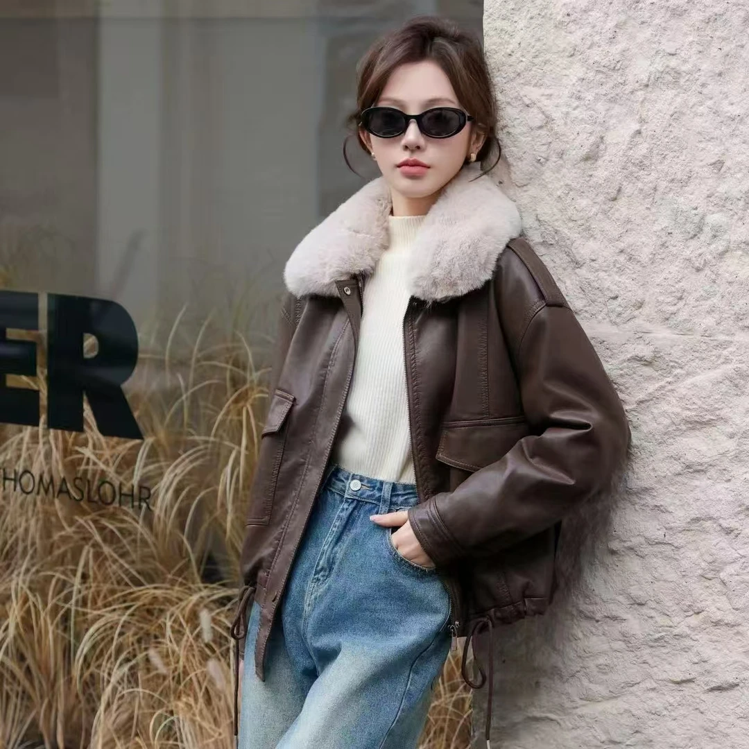 皮衣外套秋冬加绒加厚2025新款小个子时尚短款皮毛一体皮草外套女