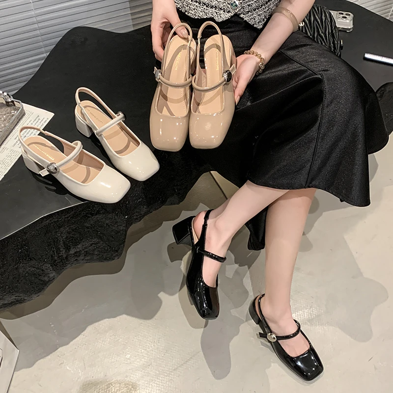 热风新款女玛丽珍2025新款中跟法式一字带粗跟后千金鞋子名媛风