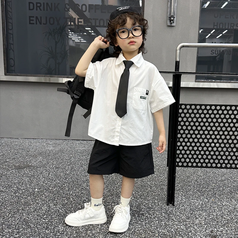 儿童夏装短袖白衬衫套装2025新款痞帅小男孩韩版夏季学院风两件套