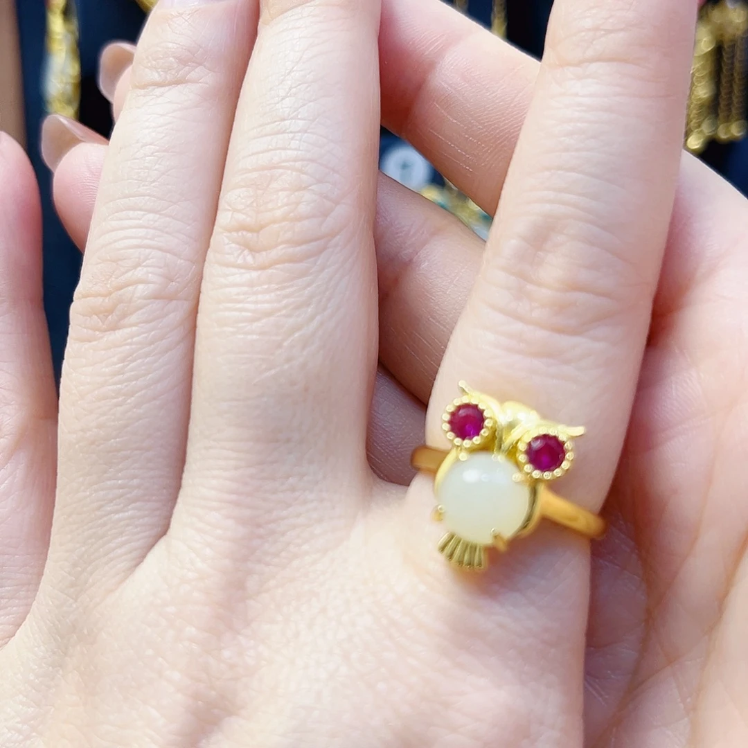 和田玉银S925镀金镶嵌戒指