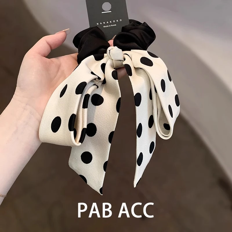 韩国优雅高档赫本风缎面撞色波点飘带蝴蝶结发圈盘发淑女头绳皮筋