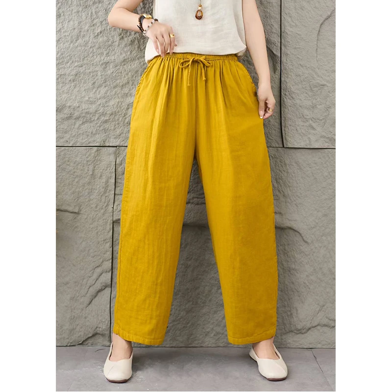 复古棉纱松紧腰系带休闲裤女新款文艺大码显瘦百搭口袋哈伦裤