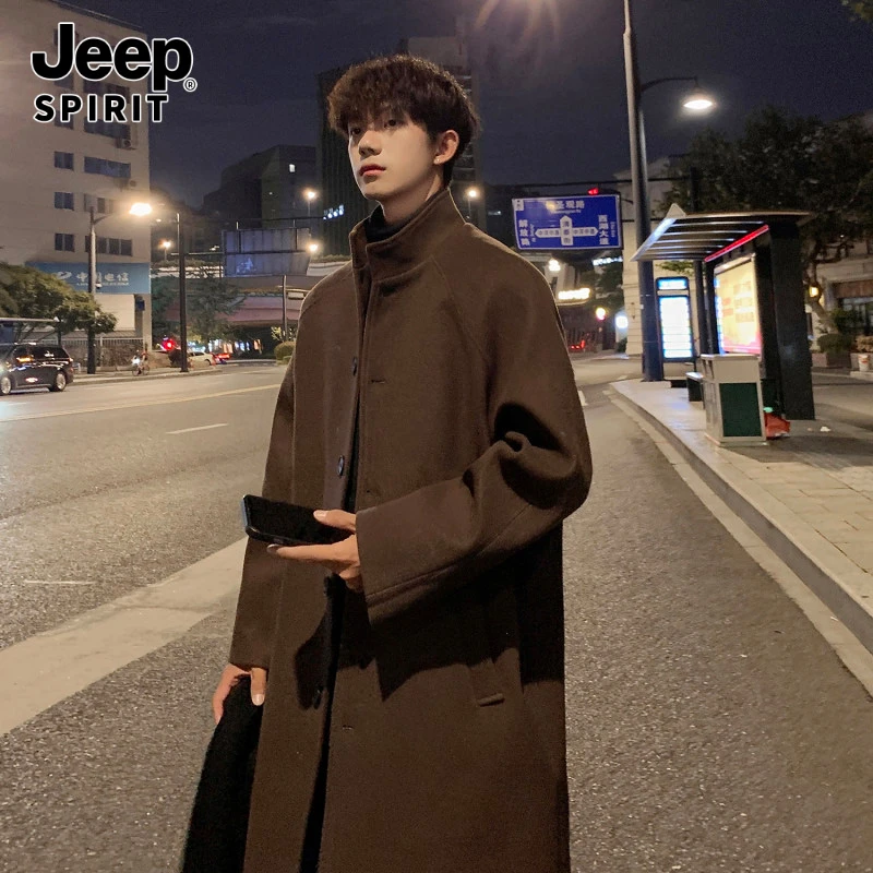 Jeepspirit秋冬毛呢大衣男中长款韩系过膝呢料风衣单排扣外套