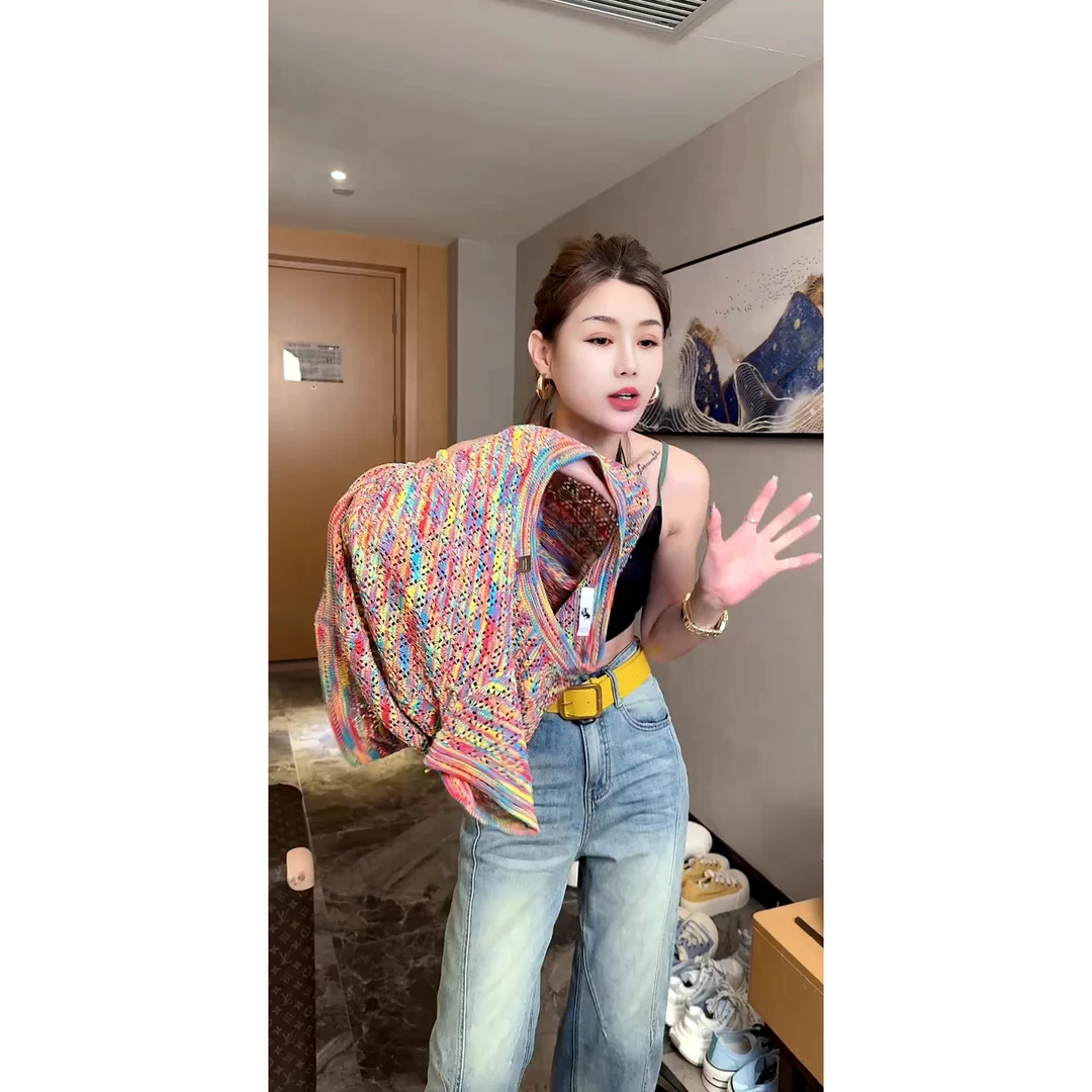 欧货时尚夏季百搭宽松微镂空彩虹花线针织短袖上衣
