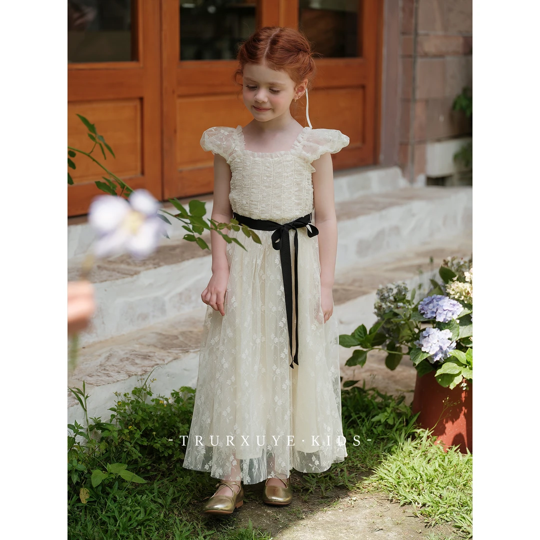 初煦 女童重工法式蕾丝连衣裙 优雅气质复古公主裙生日礼服长裙