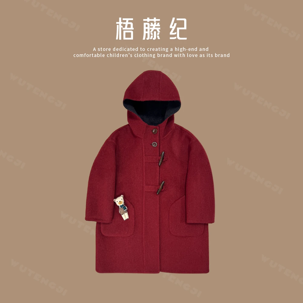现货【云舒】童趣连帽双面呢大衣牛角扣萌趣时尚保暖外套25DT732
