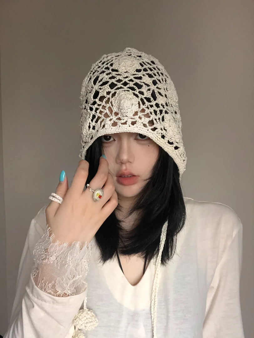 超有质感手工编织镂空钩花针织帽子女春夏薄款显脸小包头帽