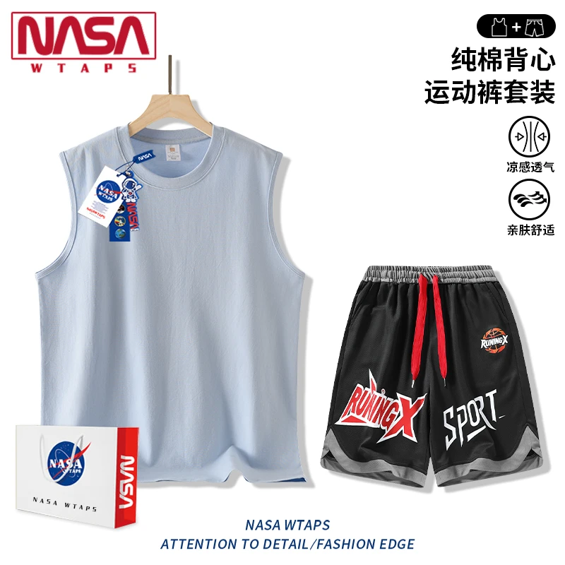 NASA WTAPS背心运动套装男款速干健身夏季冰丝速干背心短裤两件套