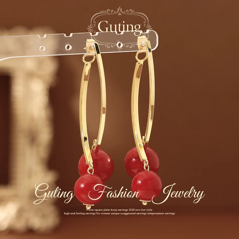 铜合金耳饰 22570金色交叉樱桃耳钉女轻奢高级感气质耳环秋冬耳饰