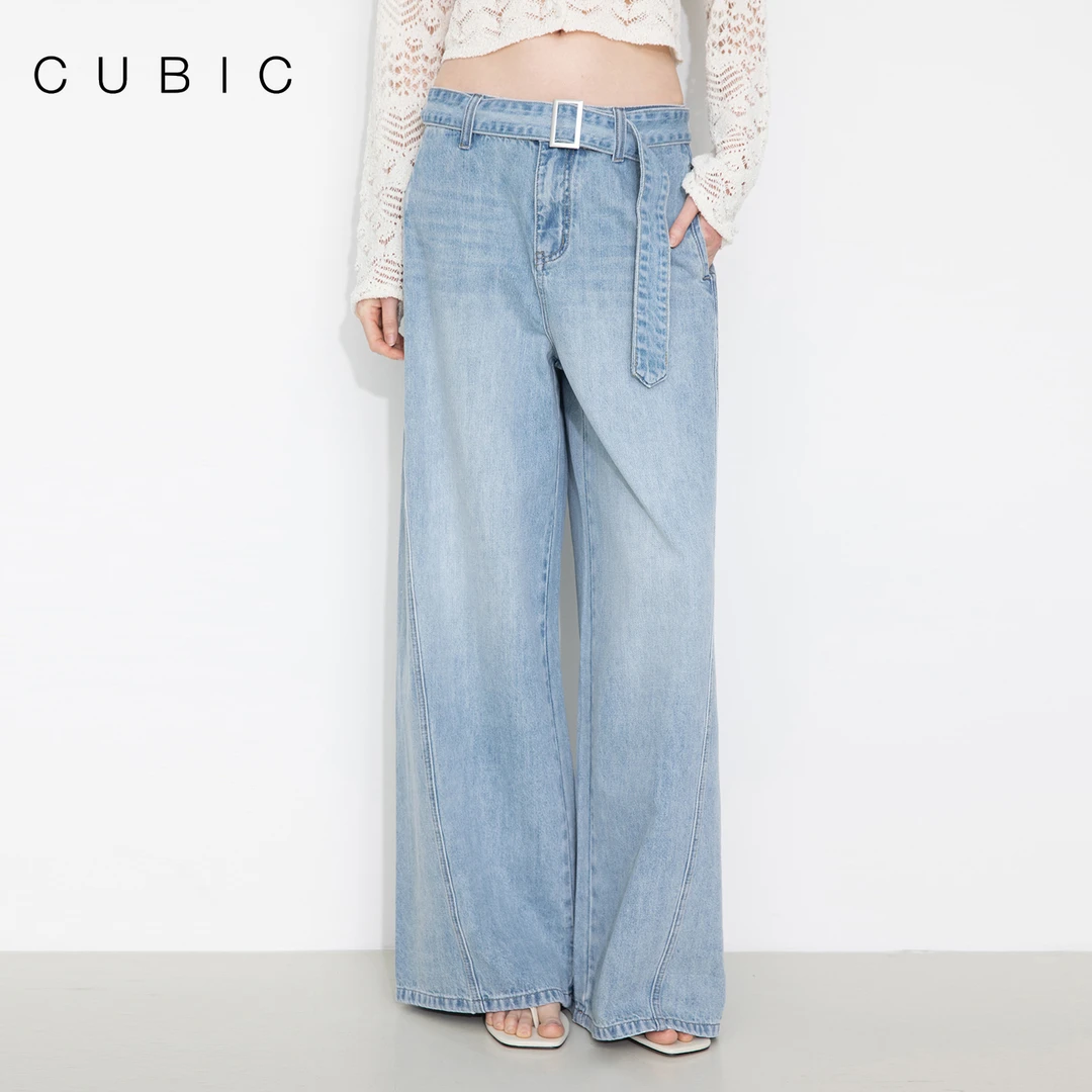 CUBIC夏季水洗浅中蓝色休闲感腰带长款阔腿牛仔裤