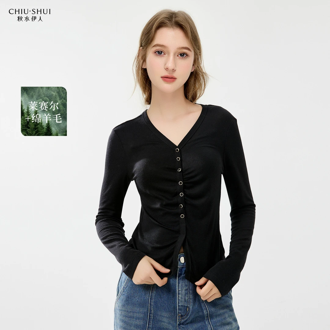 秋水伊人简约V领T恤2025年春季新款女短款弹力上衣625101E200477