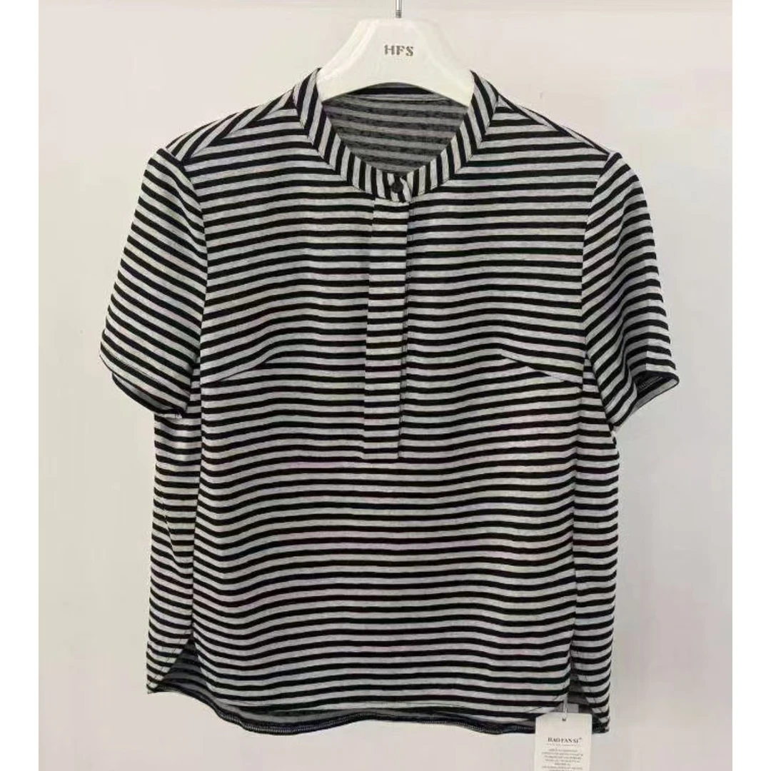 【七彩衣新品】5062时尚正品条纹短袖休闲打底T恤衣长前54后57
