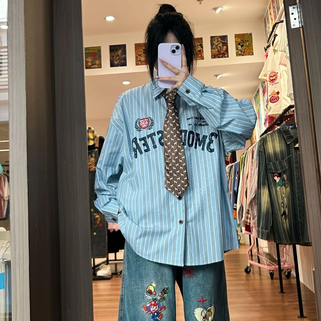 方块原创美式复古条纹长袖衬衫徽章竖条纹日系学院风衬衫上衣