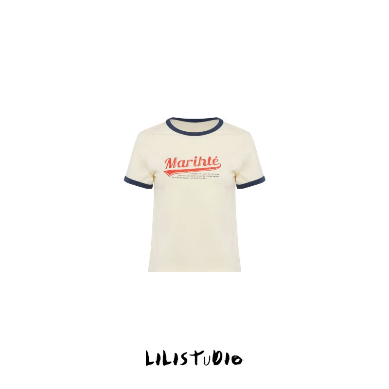 PCNY「柔白萌趣」不理理早春新款女装百搭撞色休闲短袖短款T恤女