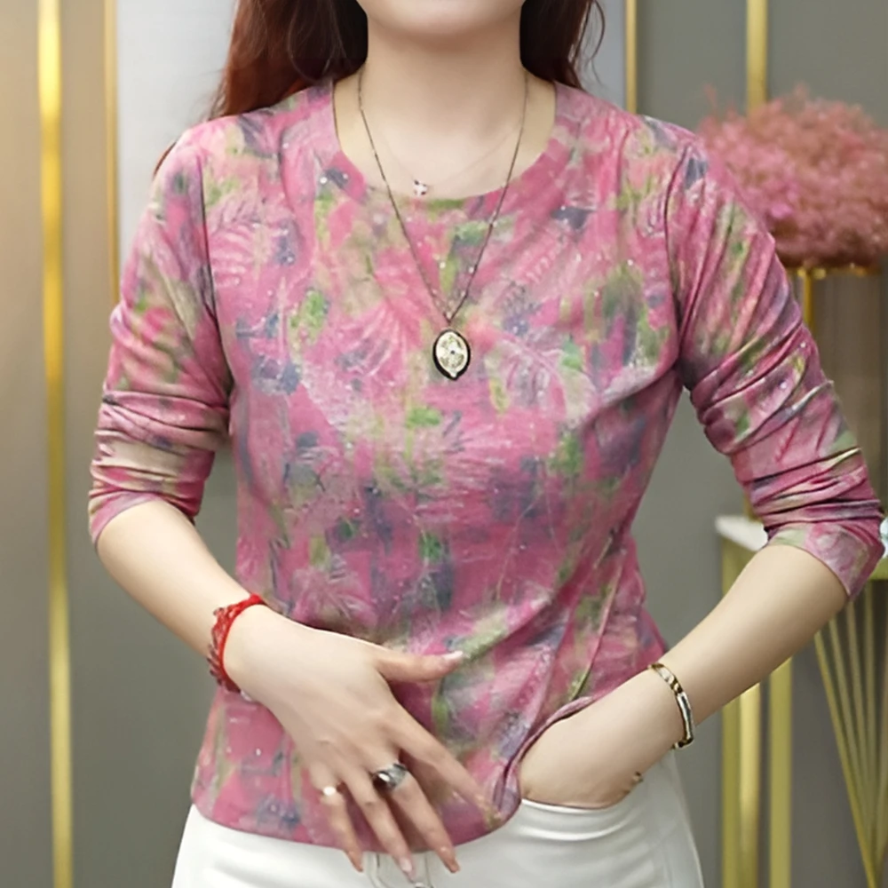 【遍地开花】高端别致遮肉显瘦复古长袖印花圆领轻奢打底女T恤1802