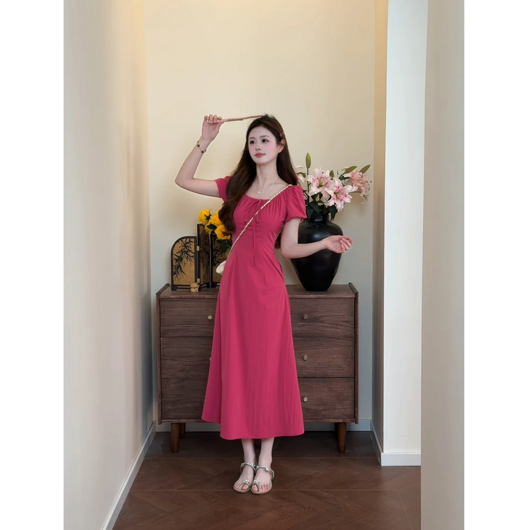 【夏日拾光】<77>U型领法式休闲收腰a字连衣裙夏季显瘦XMZH8449