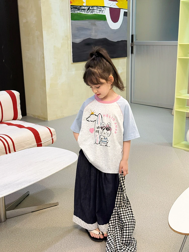 【现货】儿童夏季洋气宽松插肩短袖休闲撞色T恤 25D205