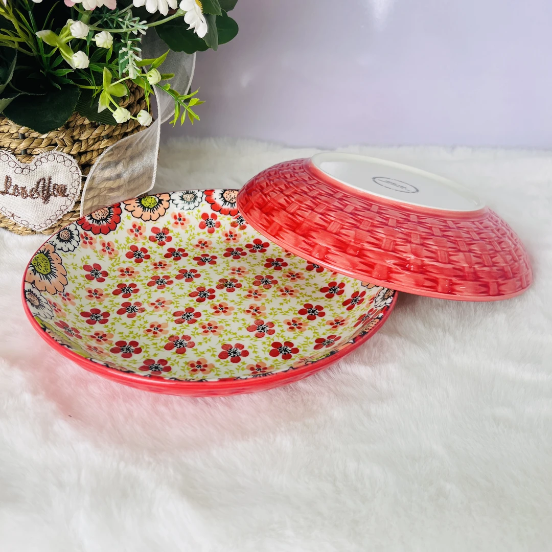 新瓷专属  【竹编曼华嫣红】8寸圆盘  家用陶瓷菜盘四个